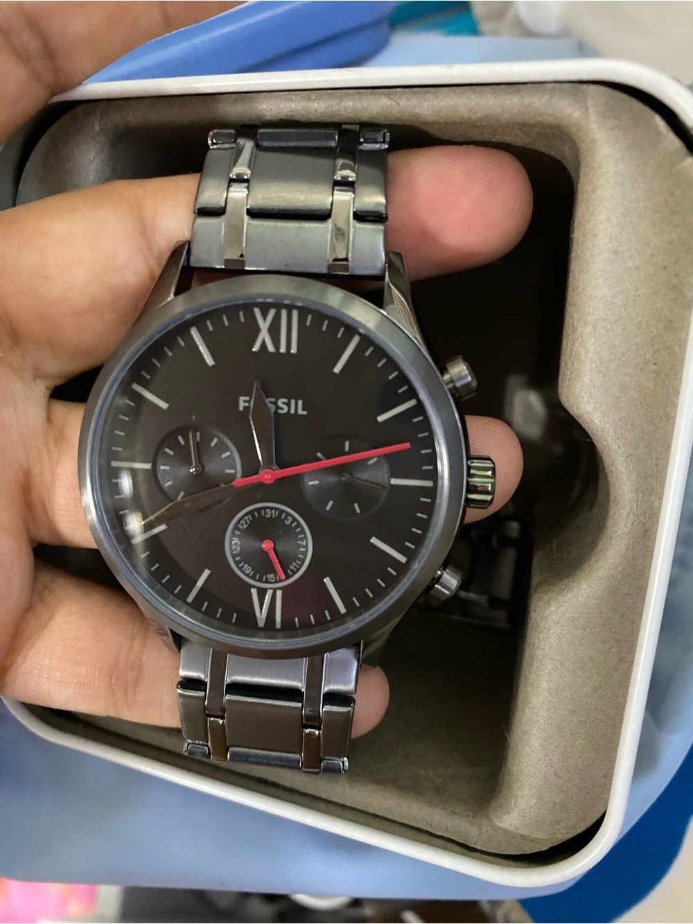 Fossil Gunmetal Stainless Steel Watch with Black Dial and Red Accents